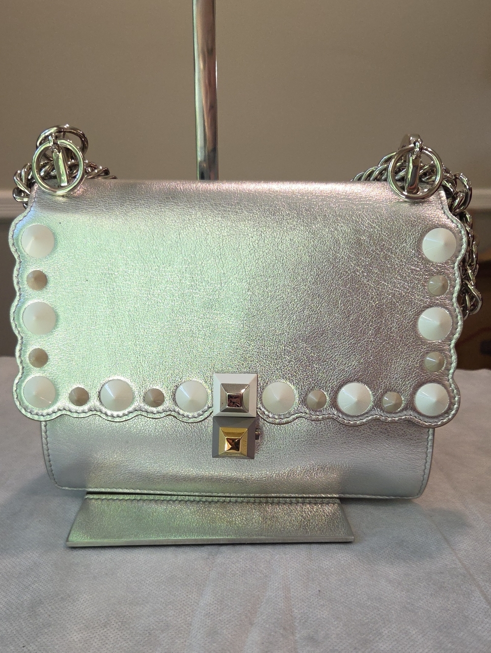Fendi Silver Small Kan I Shoulder Bag Scalloped Edge